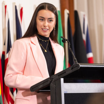 Isabella Webster speaks at the 2024 ICMS scholarship presentation in March.