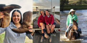 CEF alumna Heather Walker, from CEF Grenfell, got behind the Boot Bash campaign in March; Current CEF students, and sisters, Millie and Imogen Taylor, from CEF Namoi; Current CEF student Chelsea Stevenson from CEF Gwydir.